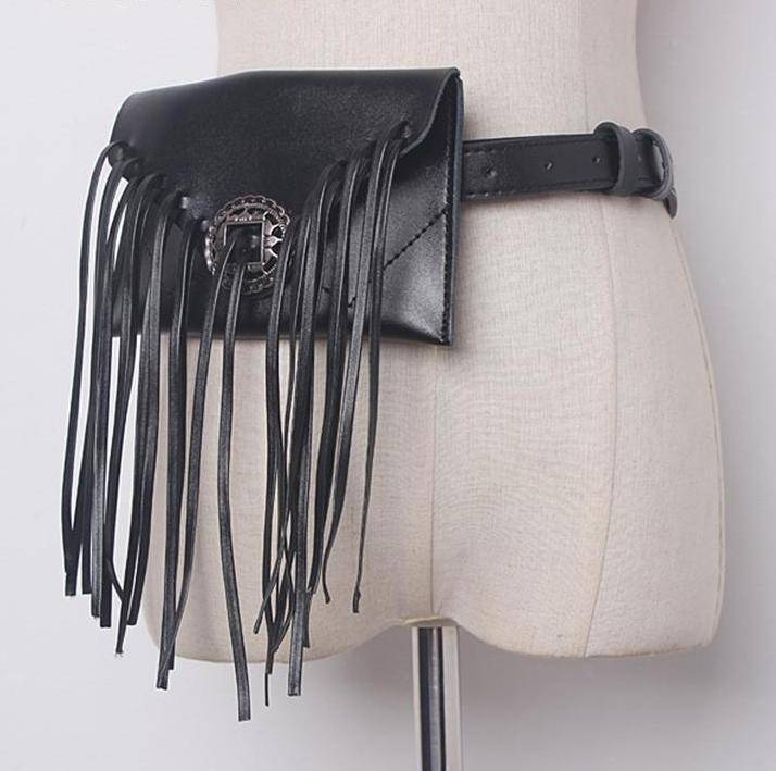bags Phone holder, Genuine Leather cowhide Vintage long Tassel Waist bag, fringe fanny pack, clutch - black