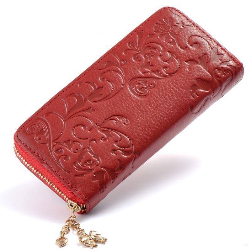 bags Red Genuine Leather Floral long Wallet clutch