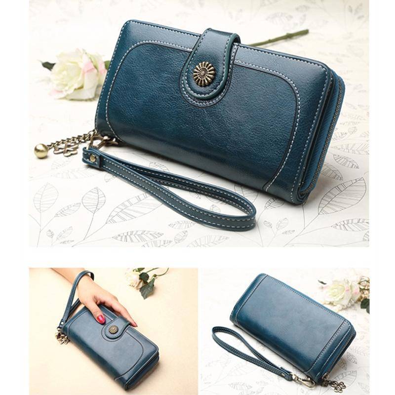 Bags Wallets for Women Clutch Purses iPhone, Vintage Oil Wax Leather Wallets Long Purse Phone Pouch Zipper