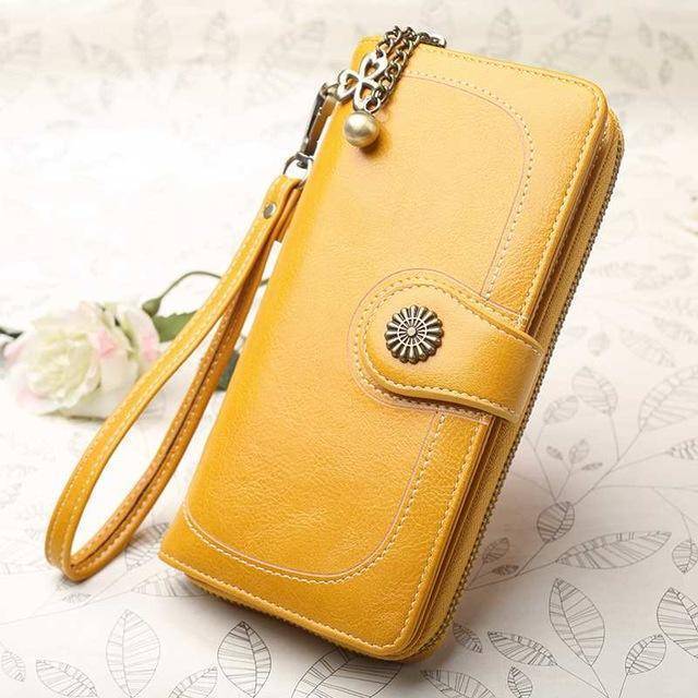 Bags yellow Wallets for Women Clutch Purses iPhone, Vintage Oil Wax Leather Wallets Long Purse Phone Pouch Zipper