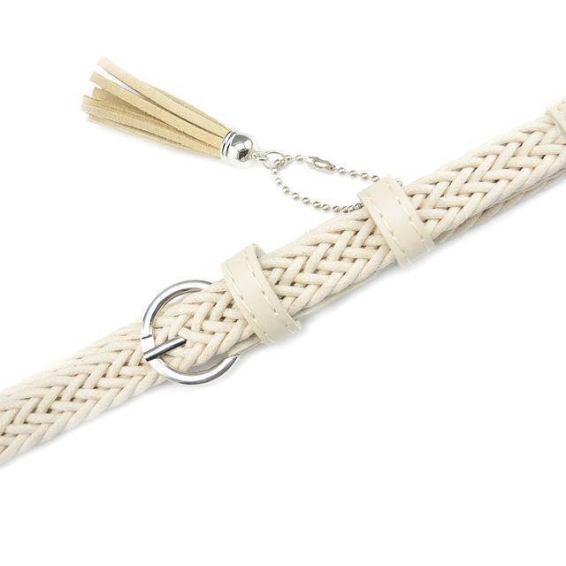 105cm Retro student knitted leather belts for women casual white tassels woven belts and straps female thin belt