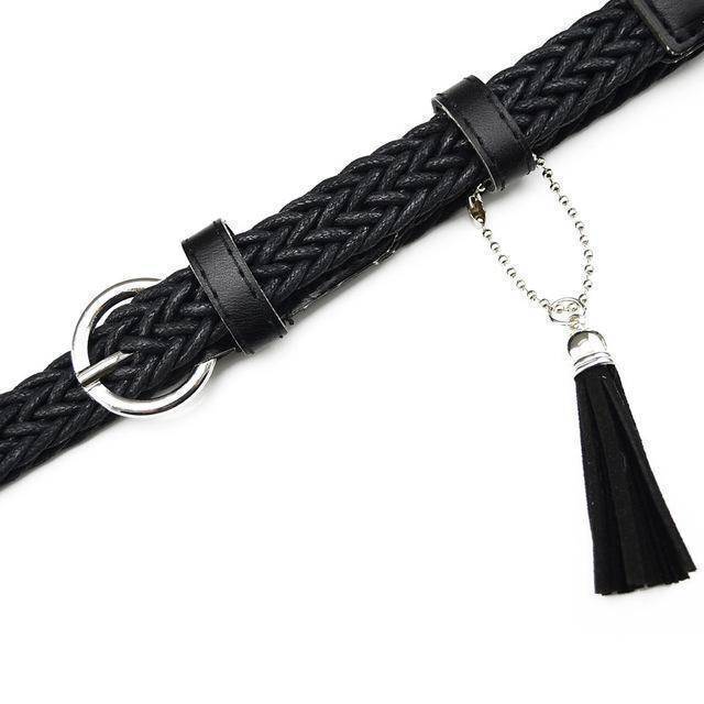105cm Retro student knitted leather belts for women casual white tassels woven belts and straps female thin belt