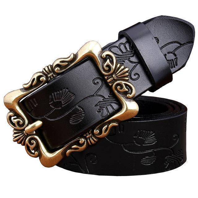 Belts Black Small Flower / 85cm Fashion Wide Genuine leather belt woman vintage Floral Second Layer Cow skin belts for women Top quality strap female for jeans