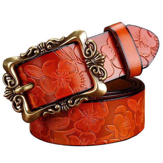 Belts Brown Big Flower / 85cm Fashion Wide Genuine leather belt woman vintage Floral Second Layer Cow skin belts for women Top quality strap female for jeans