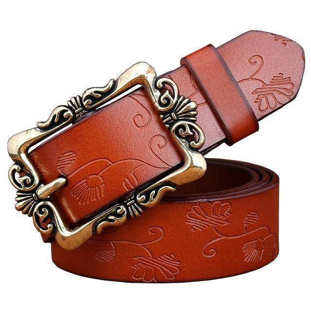 Belts Brown Small Flower / 85cm Fashion Wide Genuine leather belt woman vintage Floral Second Layer Cow skin belts for women Top quality strap female for jeans
