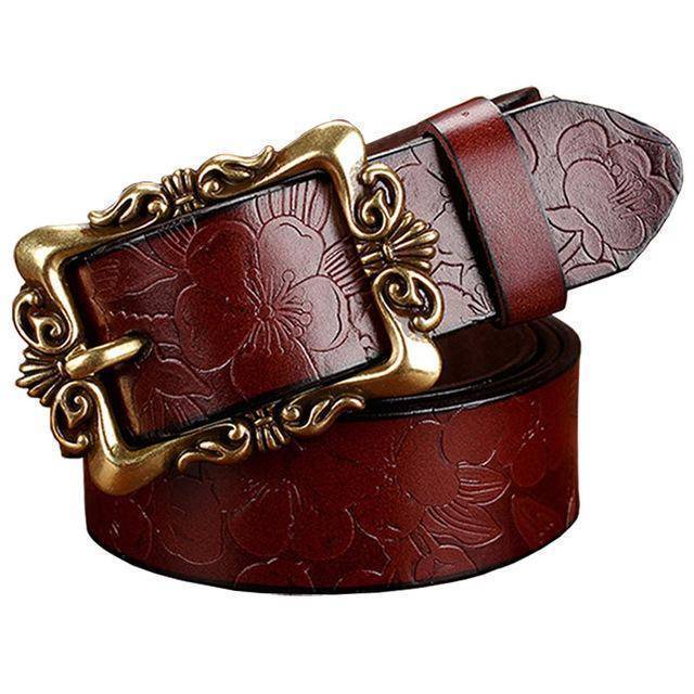 Belts Coffee Big Flower / 85cm Fashion Wide Genuine leather belt woman vintage Floral Second Layer Cow skin belts for women Top quality strap female for jeans