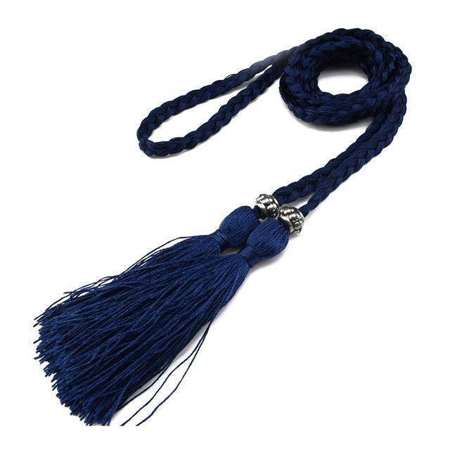 Belts Dark Blue Casual Rope Belts for Women Thin Braided Tassels Cummerbund Lady All-Match Waistband Fashion Accessories 15 Colors
