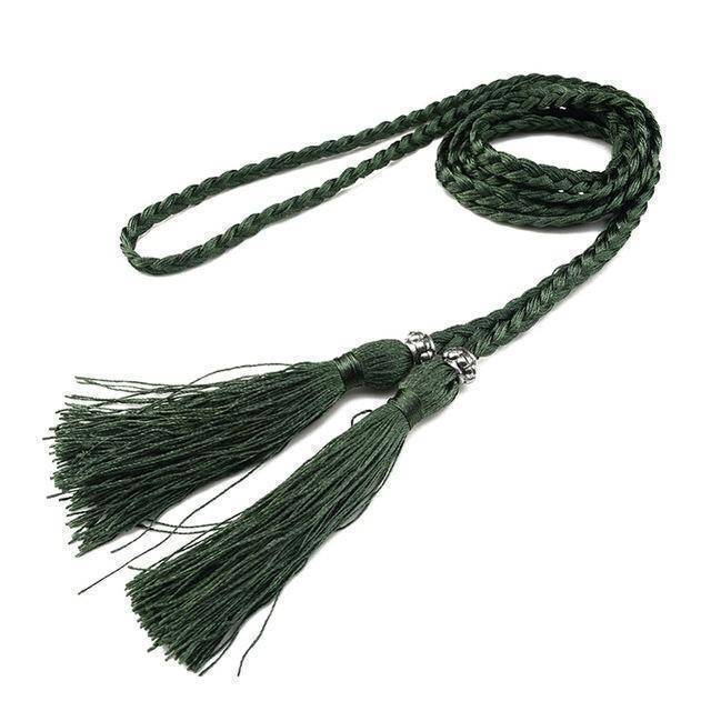 Belts Dark Green Casual Rope Belts for Women Thin Braided Tassels Cummerbund Lady All-Match Waistband Fashion Accessories 15 Colors