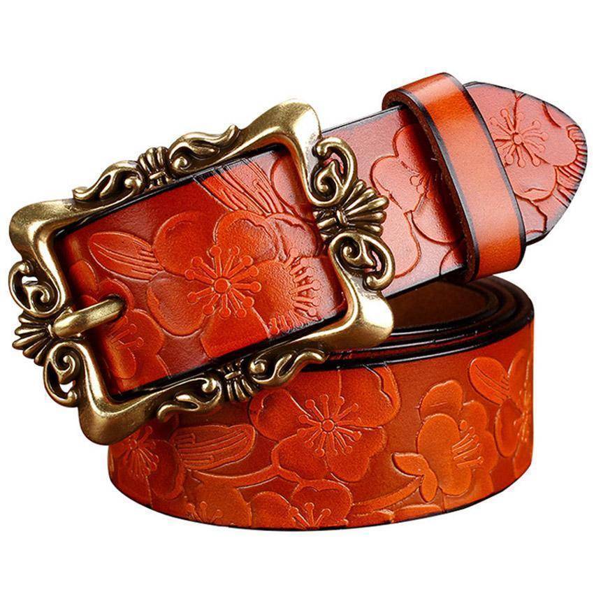 Belts Fashion Wide Genuine leather belt woman vintage Floral Second Layer Cow skin belts for women Top quality strap female for jeans
