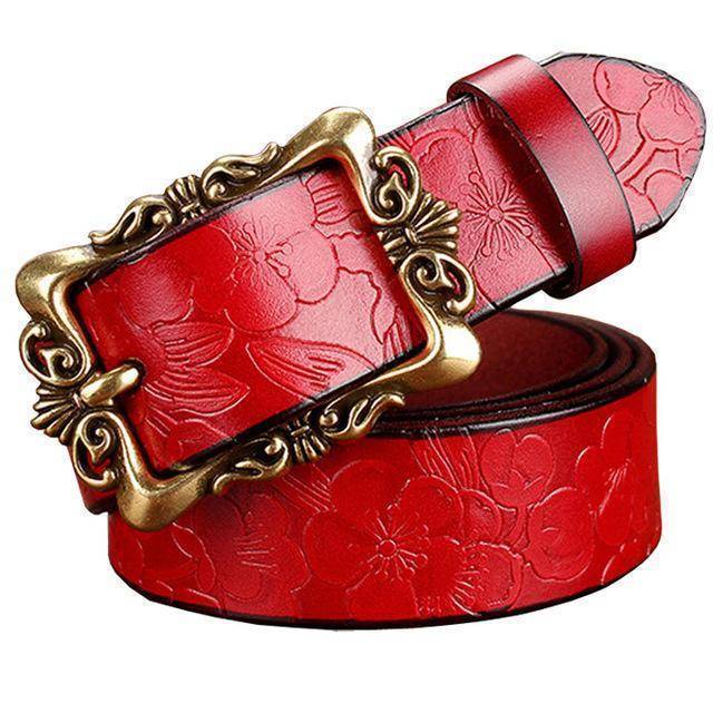 Belts Red Big Flower / 85cm Fashion Wide Genuine leather belt woman vintage Floral Second Layer Cow skin belts for women Top quality strap female for jeans