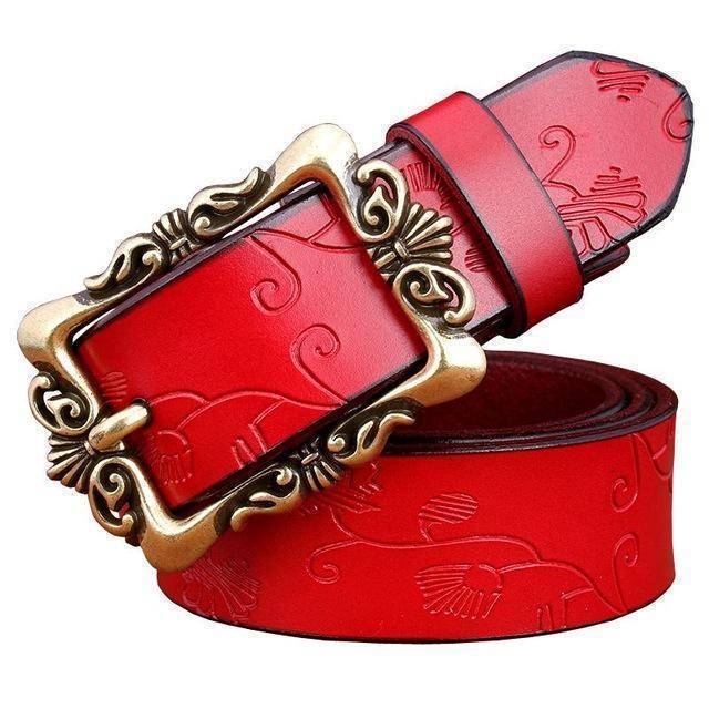Belts Red Small Flower / 85cm Fashion Wide Genuine leather belt woman vintage Floral Second Layer Cow skin belts for women Top quality strap female for jeans