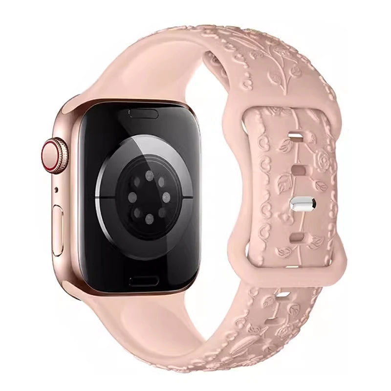 Strap For Apple Watch Band 45mm 44mm 41mm 40mm 42mm 49mm Silicone Floral Engraved Bracelet Correa Series 8 9 7 SE 4 5 6 Ultra 2