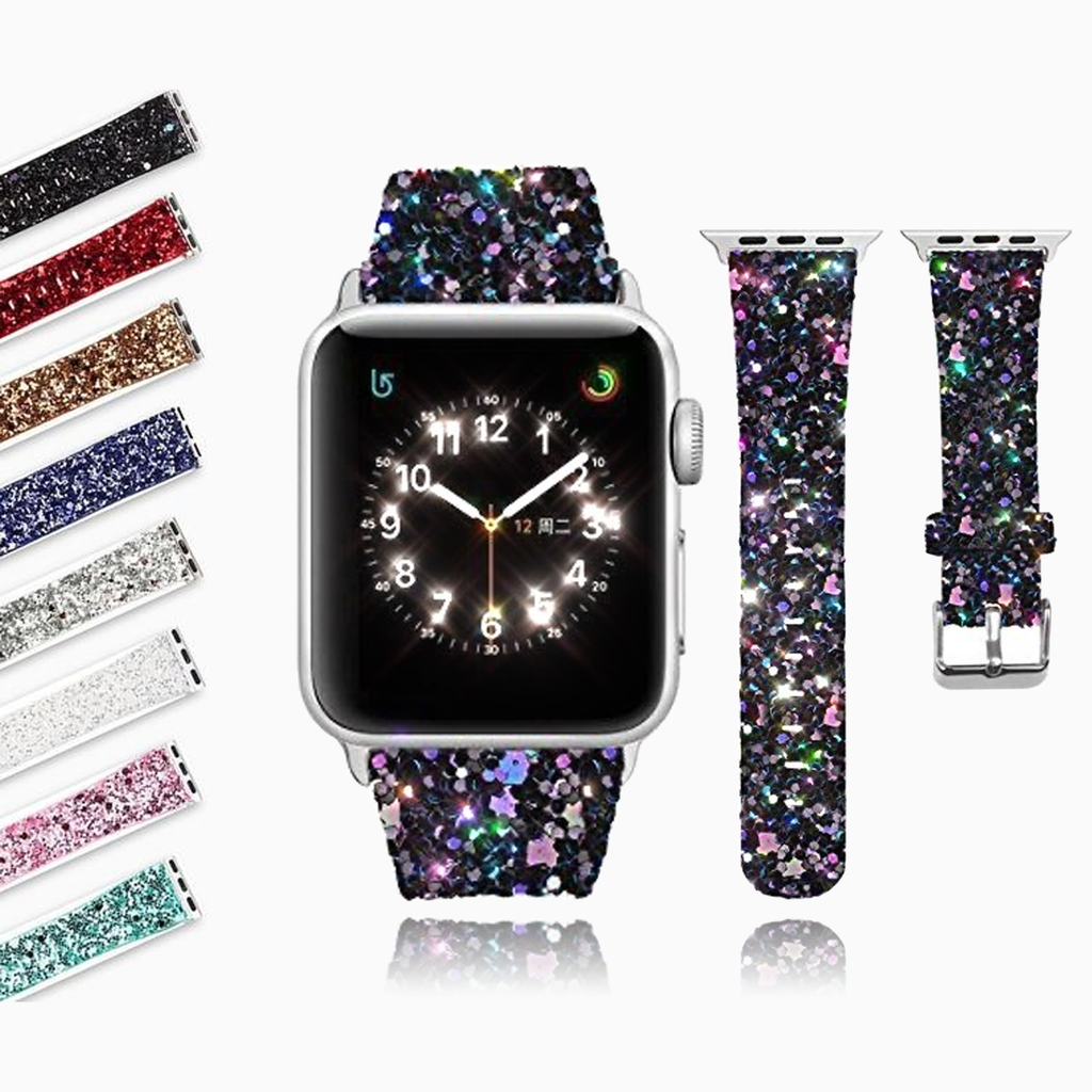Apple Apple Watch Band Series 6 5 4 3 2 1 Luxury Sparkle Glitter Bling Leather Strap with Silver Adapter iWatch 38/40mm 42/44mm Bracelet Watchband