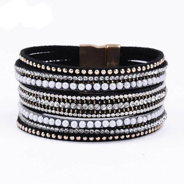 Bracelet black natural crystal bracelet luxury exclusive design genuine leather statement bangles for women with magic closure jewelry