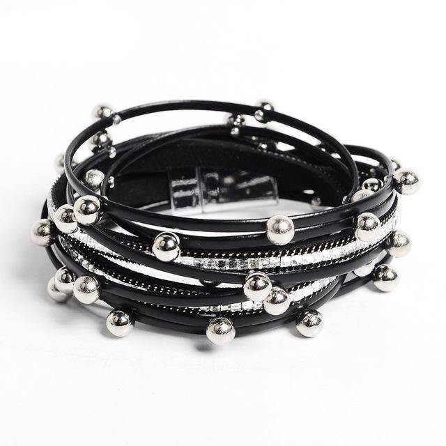 Bracelet black Silver beads Wrap leather bangle bracelet
