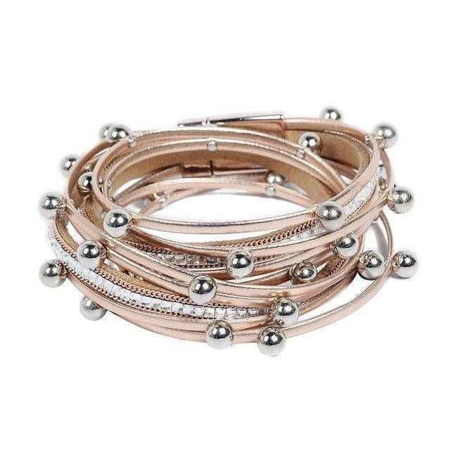 Bracelet champagne Silver beads Wrap leather bangle bracelet