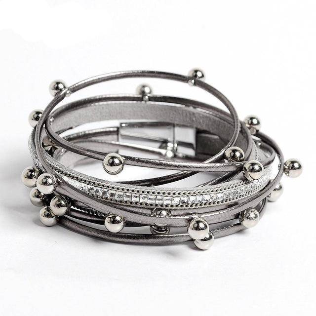 Bracelet dark grey Silver beads Wrap leather bangle bracelet