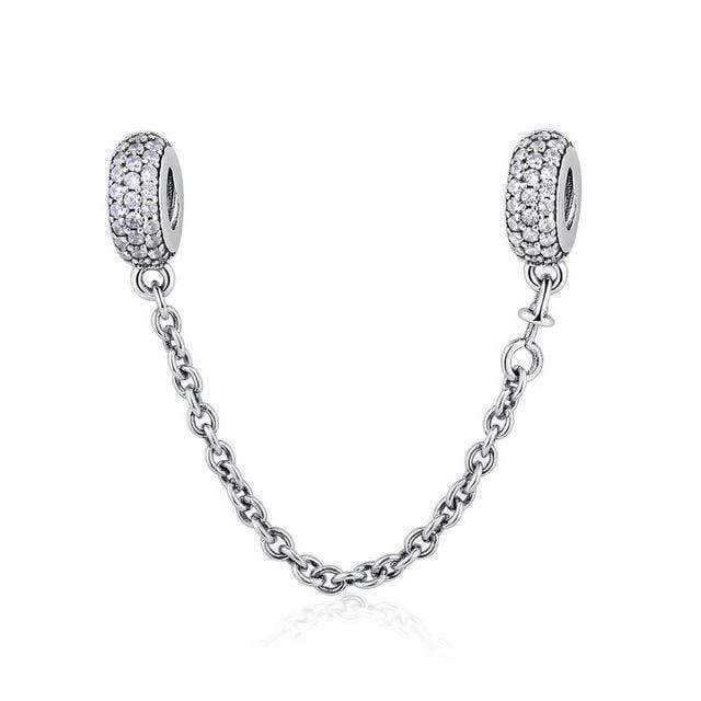 7 Styles, 925 Sterling Silver Pave Safety Chains, Clear CZ Stopper Charms Fit Pan Charm Bracelet