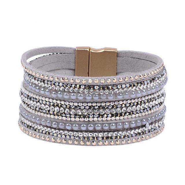 Bracelet light gray natural crystal bracelet luxury exclusive design genuine leather statement bangles for women with magic closure jewelry