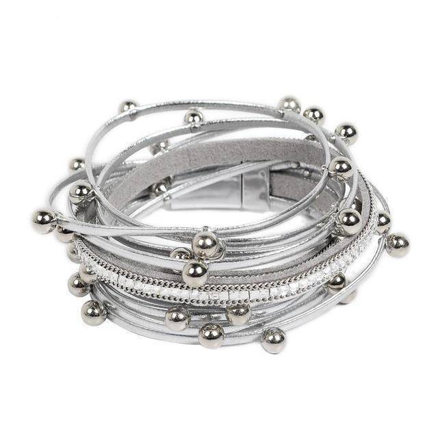 Bracelet light grey Silver beads Wrap leather bangle bracelet