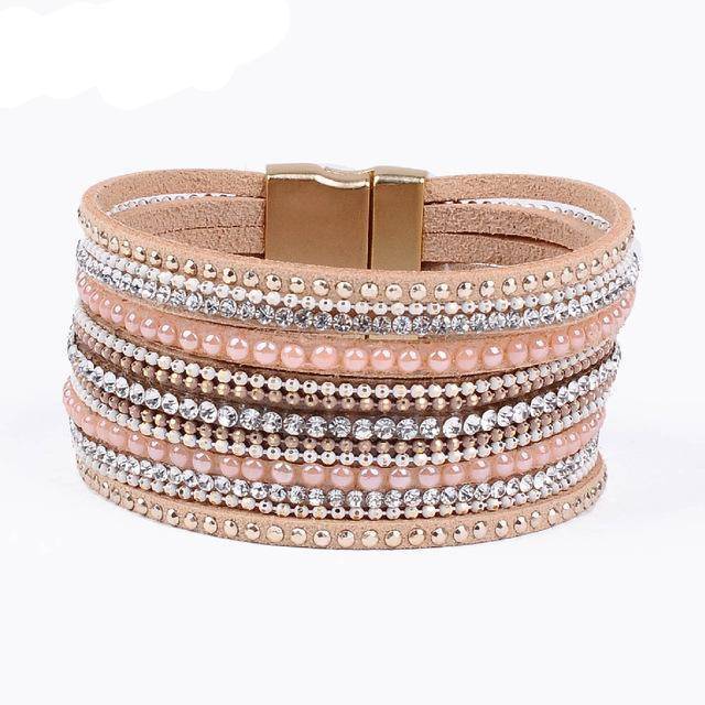 Bracelet light pink natural crystal bracelet luxury exclusive design genuine leather statement bangles for women with magic closure jewelry