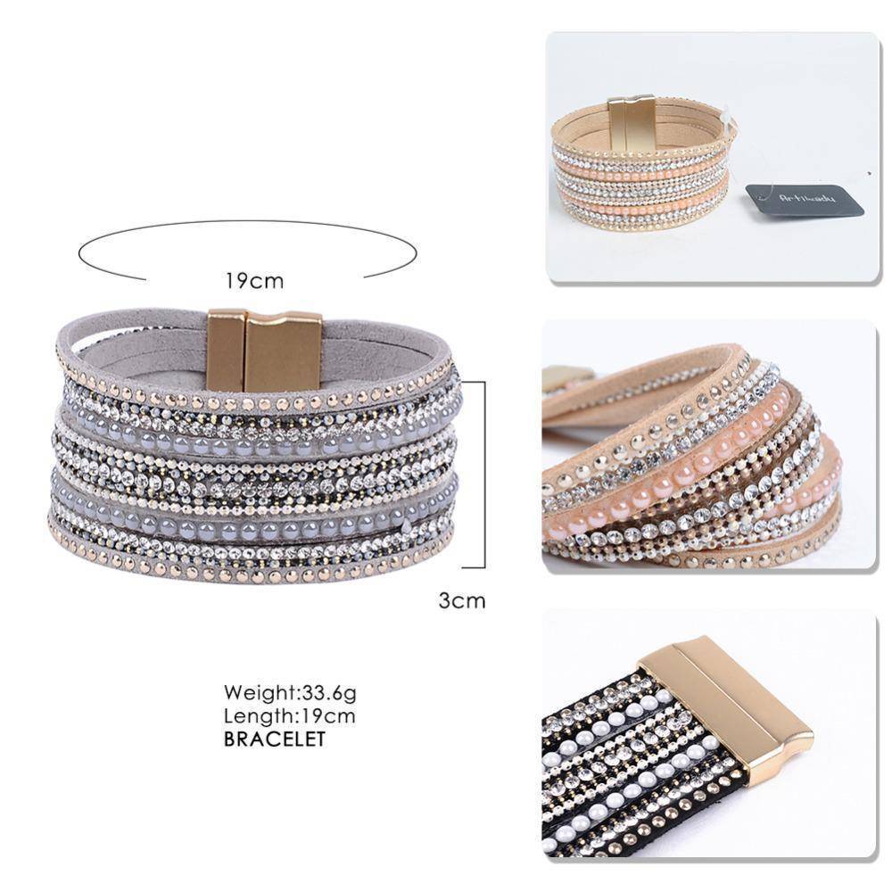 natural crystal bracelet luxury exclusive design genuine leather statement  bangles for women with magic closure jewelry