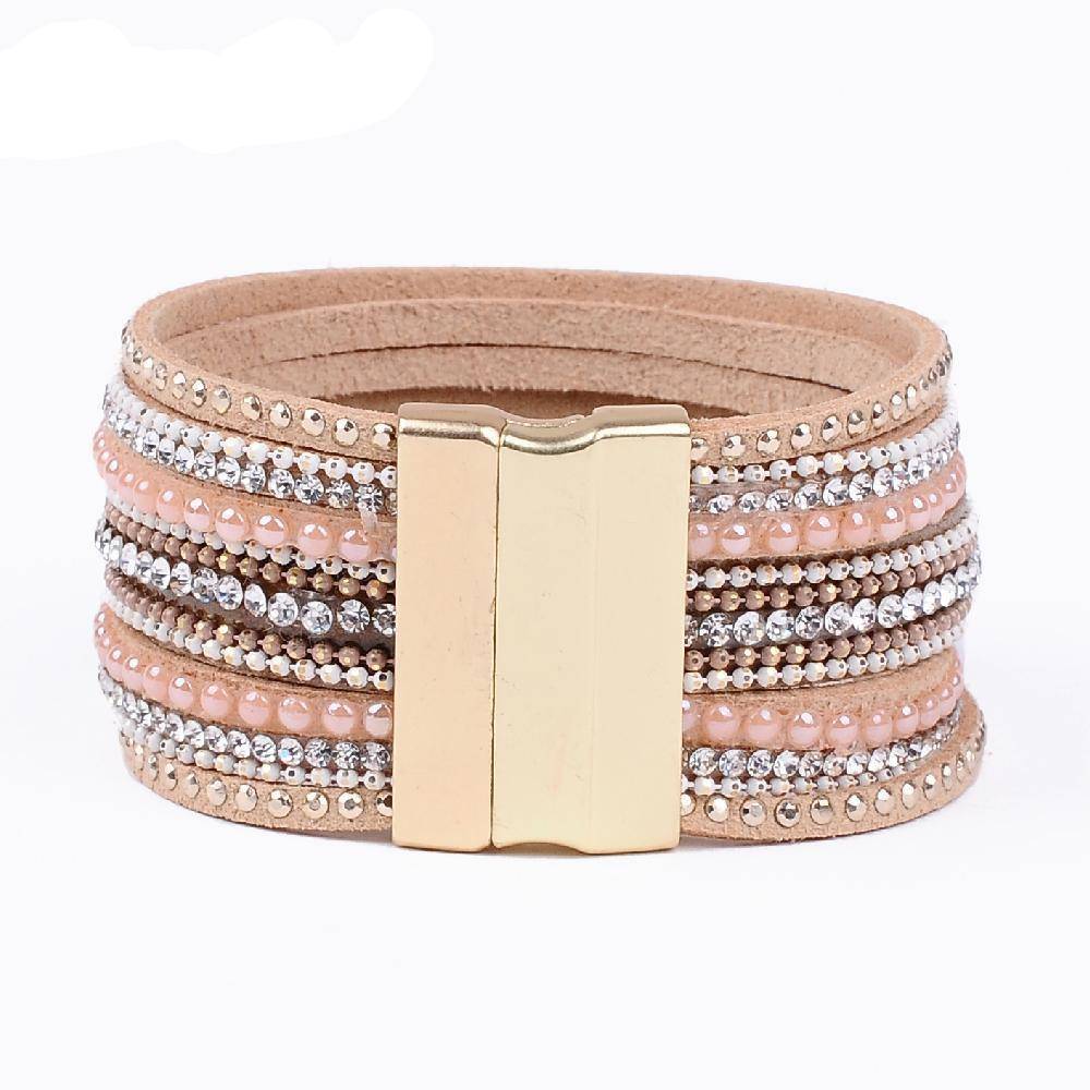 Bracelet natural crystal bracelet luxury exclusive design genuine leather statement bangles for women with magic closure jewelry