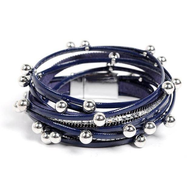 Bracelet navy Silver beads Wrap leather bangle bracelet