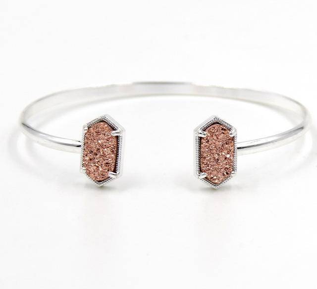 Bracelet Pink in SILVER New Cute Oval Quartz Copper Bangles White and Blue green Stone Resin Druzy Cuff Bangles for Women