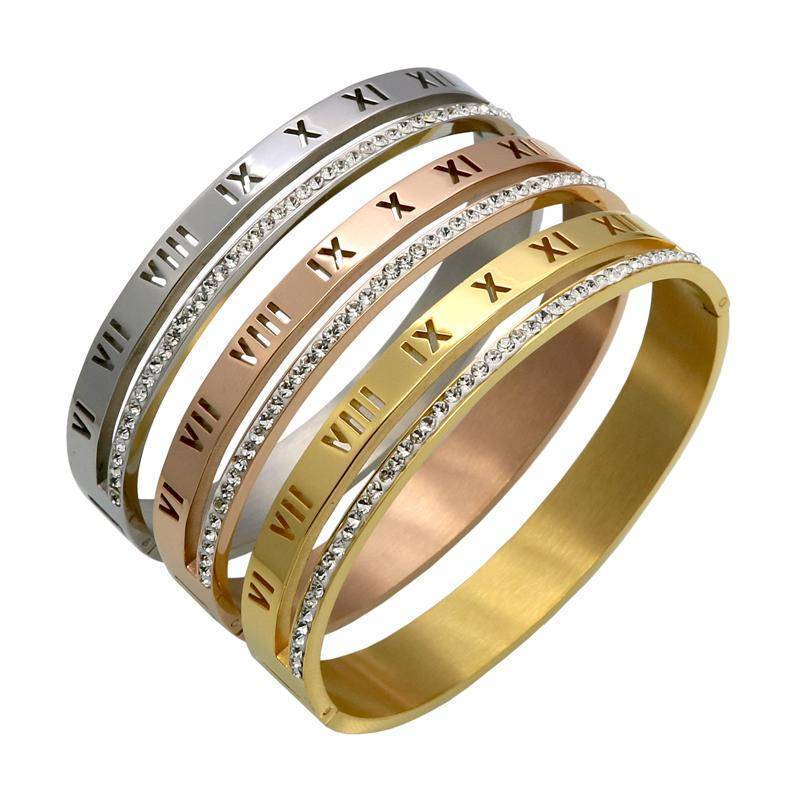 Luxury Famous Brand Jewelry Rose Gold Stainless Steel Roman numerals Chunky  Bracelets & Bangles Female Charm Bracelet For Women