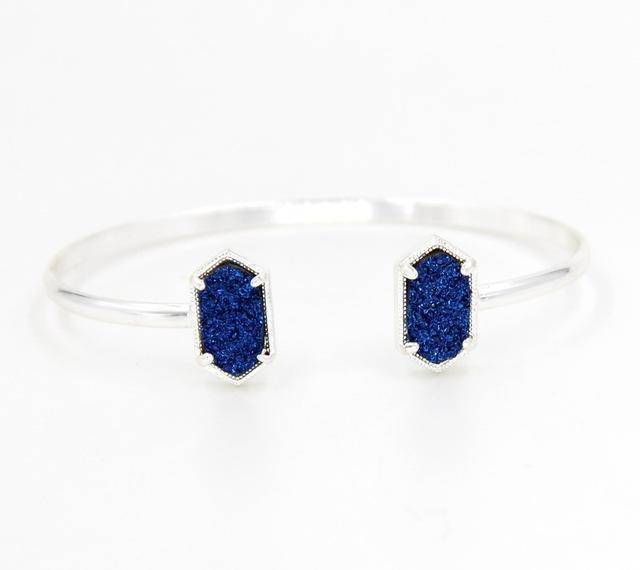 Bracelet Royal Blue in SILVER New Cute Oval Quartz Copper Bangles White and Blue green Stone Resin Druzy Cuff Bangles for Women