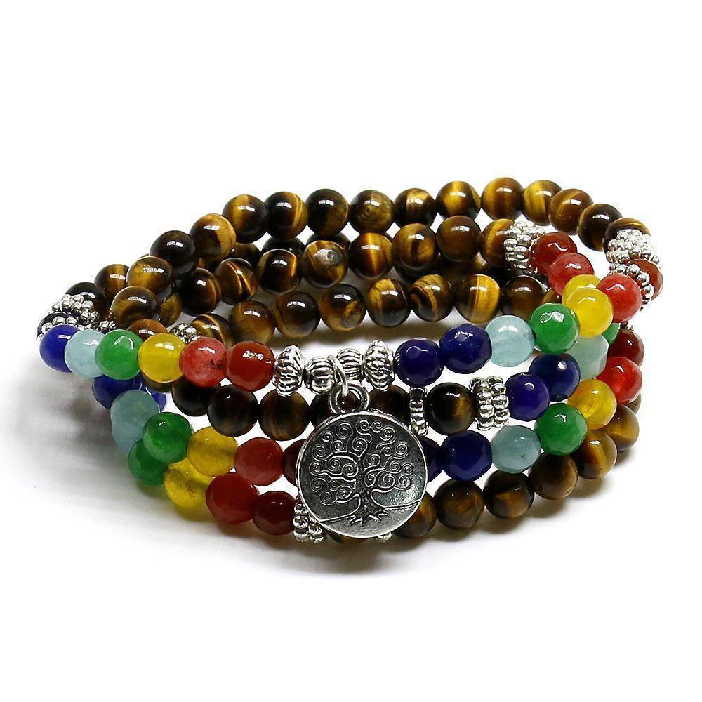 Bracelet Tree of Life, Chakra beads and Tiger Eye natural stone Unisex Mala, 108 Buddha Healing Stone Beaded Bracelet