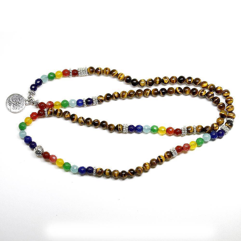 Bracelet Tree of Life, Chakra beads and Tiger Eye natural stone Unisex Mala, 108 Buddha Healing Stone Beaded Bracelet