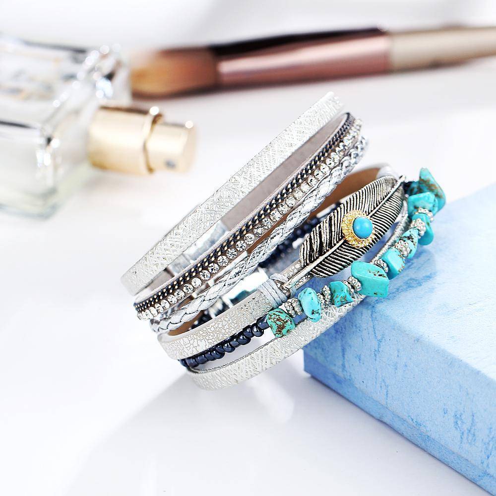 Bracelets Multiple Layers Charms Leather Bracelets&Bangles for Women Vintage Crystal Stone Leaf Feather Female Jewelry