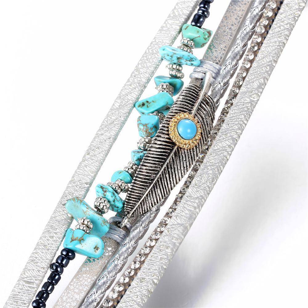 Bracelets Multiple Layers Charms Leather Bracelets&Bangles for Women Vintage Crystal Stone Leaf Feather Female Jewelry