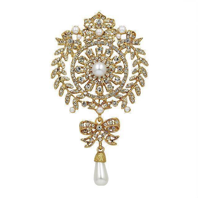 Brooches & pins gold Large Size Crystal Diamante and Imitation Pearl Drop Scroll Brooches