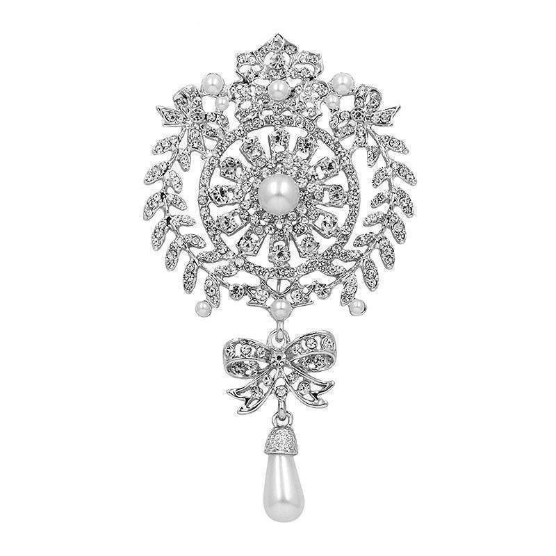 Brooches & pins silver Large Size Crystal Diamante and Imitation Pearl Drop Scroll Brooches