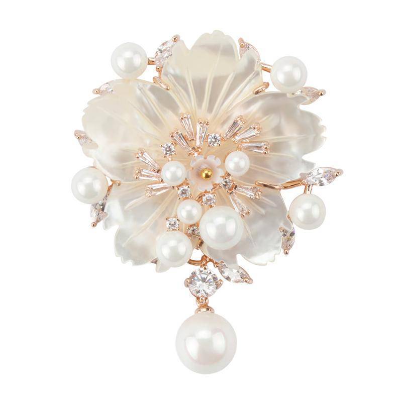 Brooches rose gold Cubic Zirconia Flower With Imitation Shell Pearl