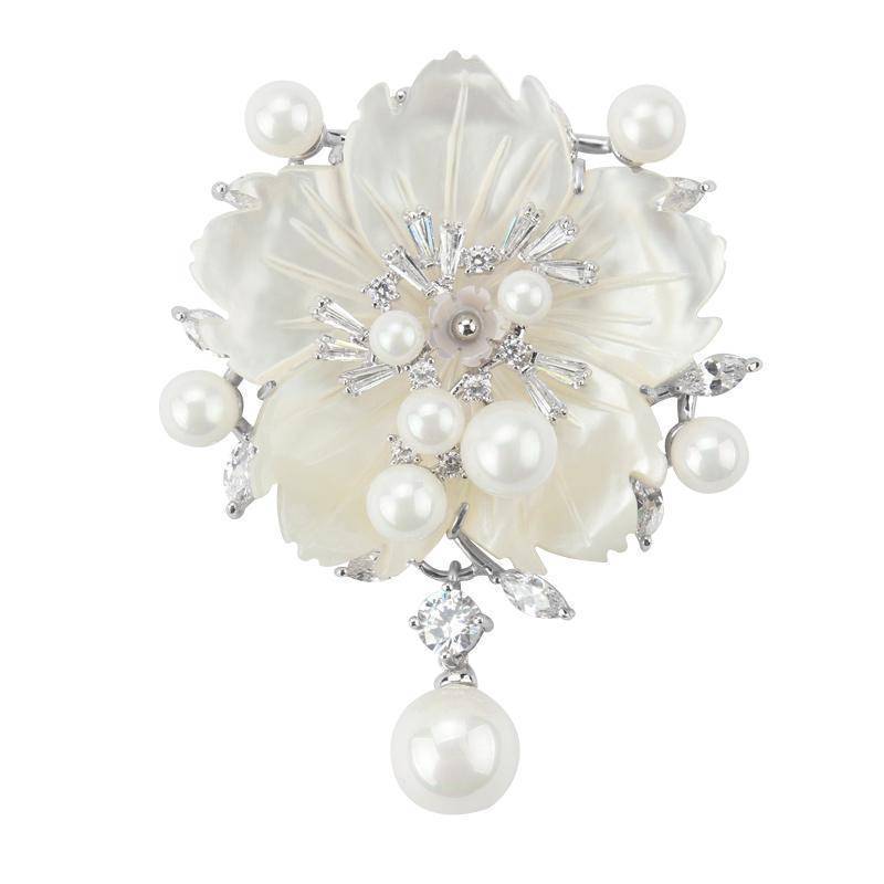 Brooches Silver Cubic Zirconia Flower With Imitation Shell Pearl
