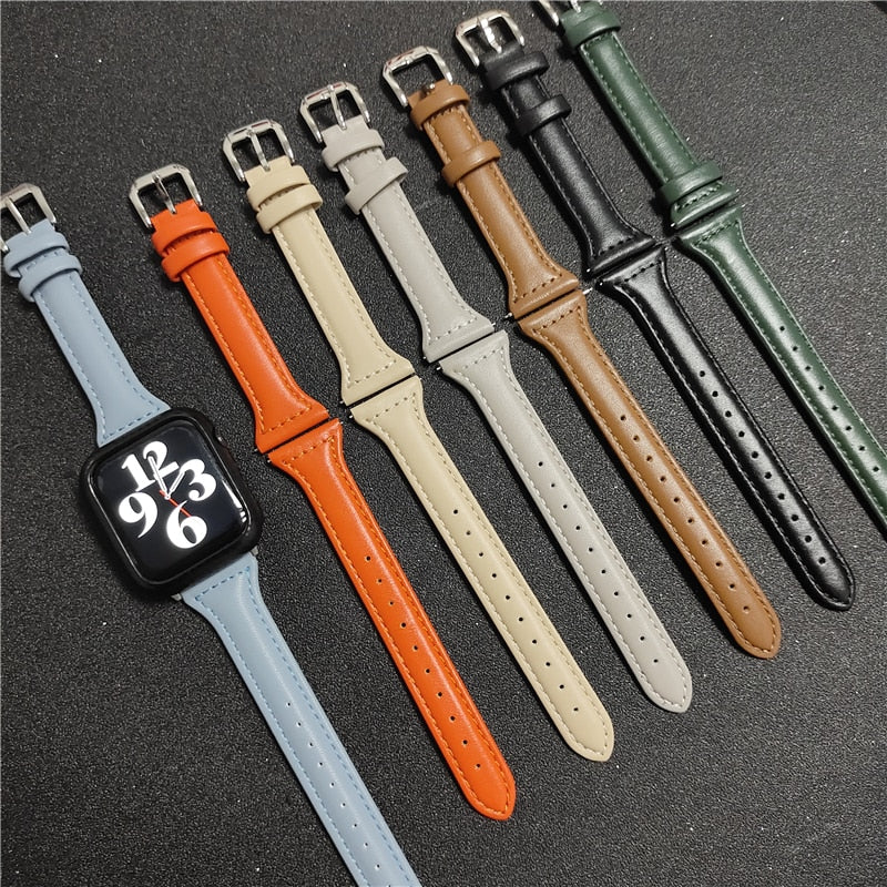 Slim Leather Strap For Apple Watch Band Series 7 6 5 4 Premium Leather Correa Bracelet iWatch 38/40/41mm 42/44/45mm Wristband |Watchbands|