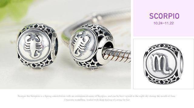 925 Sterling Silver, Star Sign Zodiac 12 Constellations Beads fit Charm Bracelets