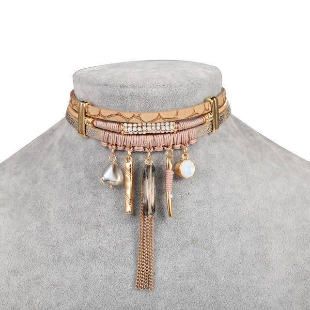 choker A0775 Bohemian Tassel Choker Necklace with Brown Leather Chain
