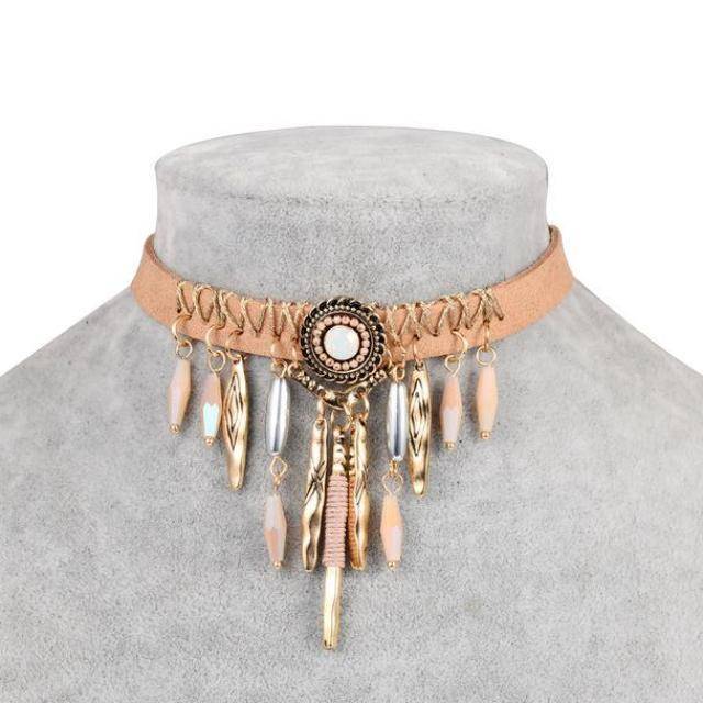 choker A0777 Bohemian Tassel Choker Necklace with Brown Leather Chain