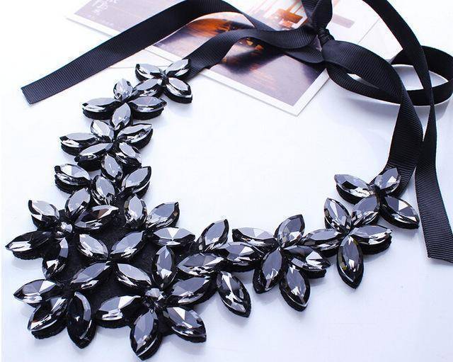 Choker Black Rope Black Ribbon, Bohemian Resin Crystal Flowers Choker Necklaces
