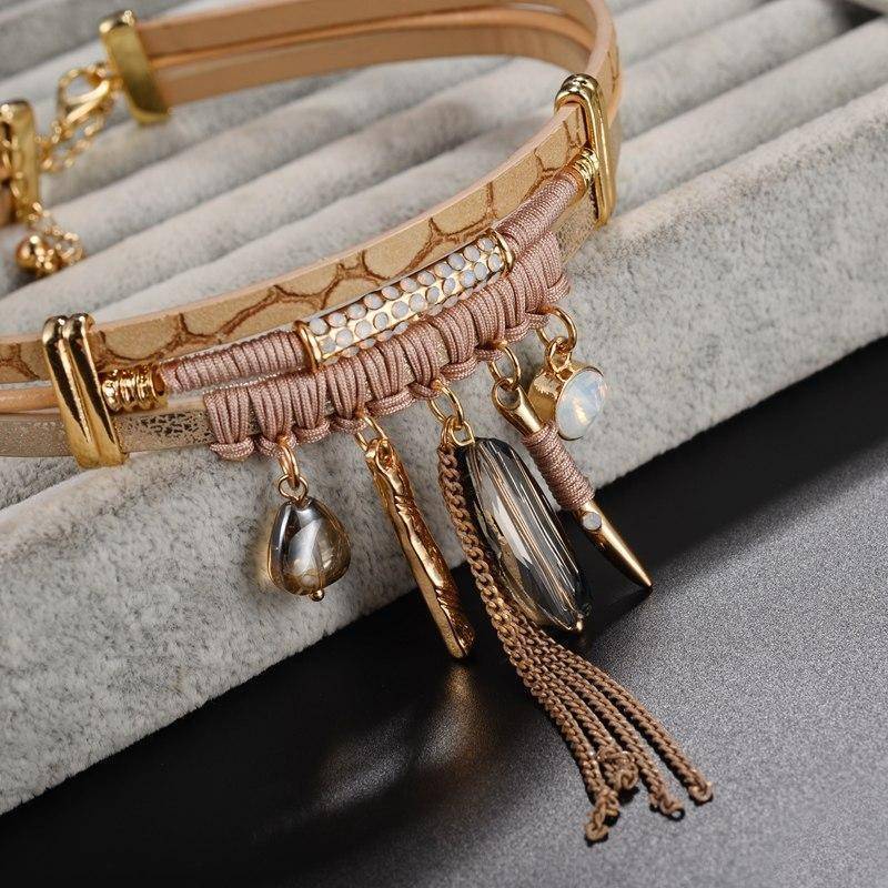 choker Bohemian Tassel Choker Necklace with Brown Leather Chain