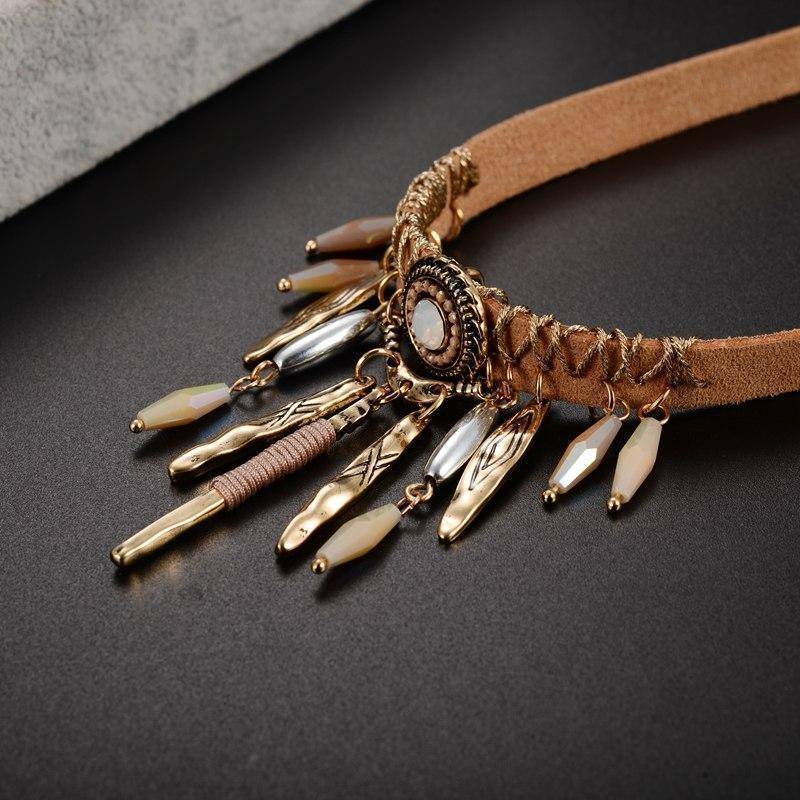 choker Bohemian Tassel Choker Necklace with Brown Leather Chain