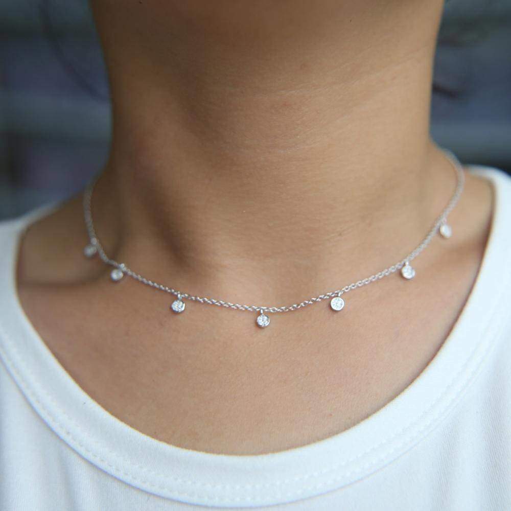 925 Sterling silver pave cz tiny cute drip drop choker necklace