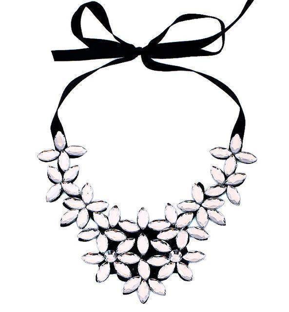 Choker White Rope Black Ribbon, Bohemian Resin Crystal Flowers Choker Necklaces