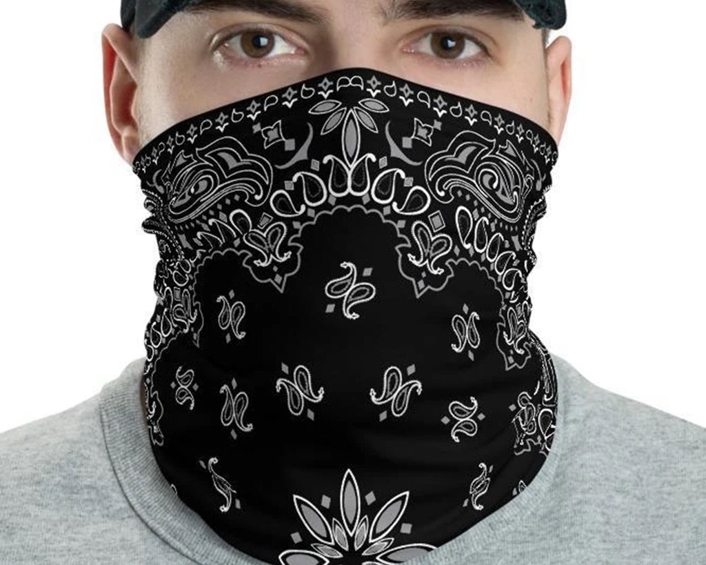 Classic Retro paisley biker face cover,  Washable Reusable Mask,  black white print neck gaiter unisex men women scarf - us fast shipping