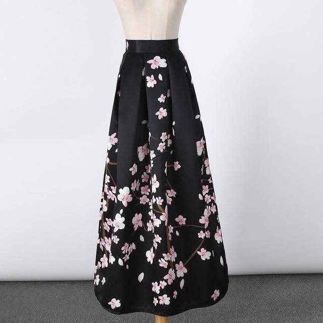 Clothing 1 New Satin Women 100cm High Waist Flared Maxi Skirts Peach Blossom Printed Pleated Floor Length Long Skirts Saias SP041